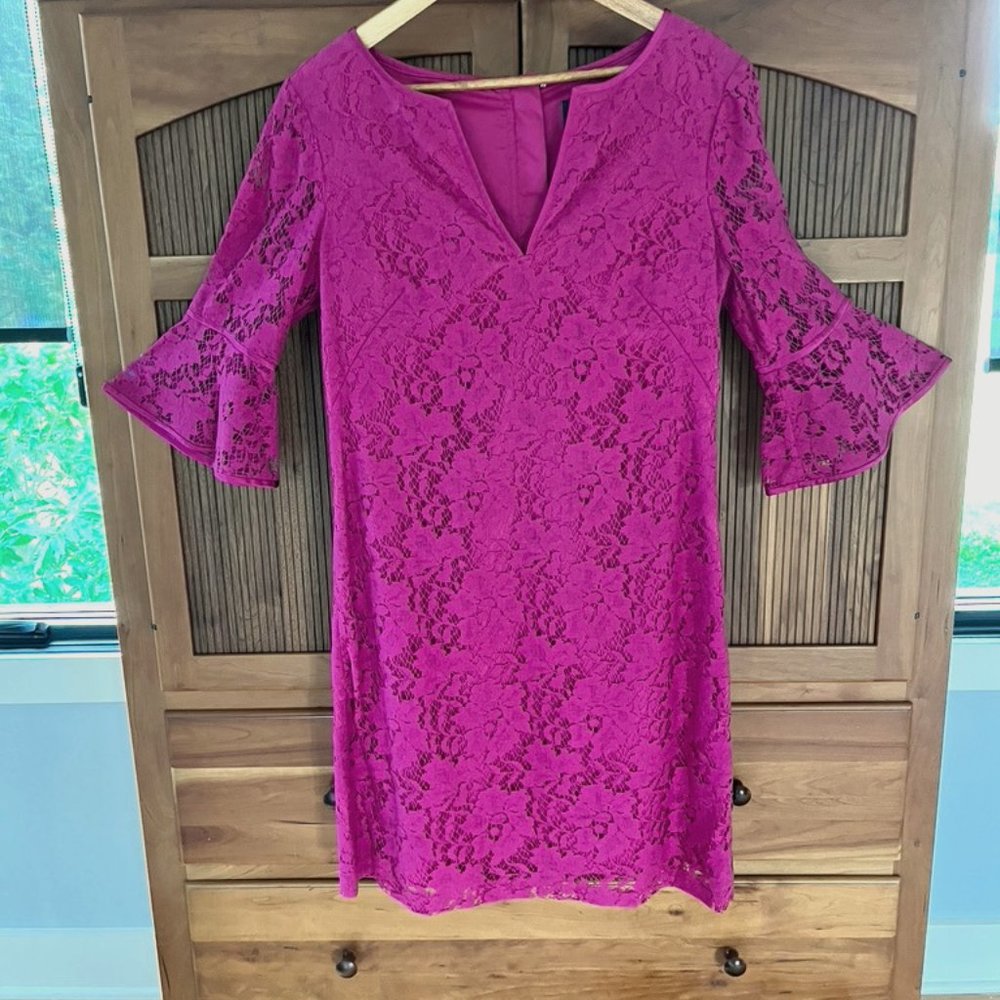 Adrianna Papell Magenta Lace Sheath Dress with Bell Sleeves, Sz 10